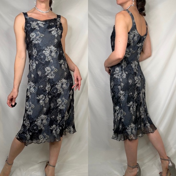 Vintage Y2K fairy Floral print beaded sequin slip‎ dress midi Jonathan Martin M - Picture 14 of 14
